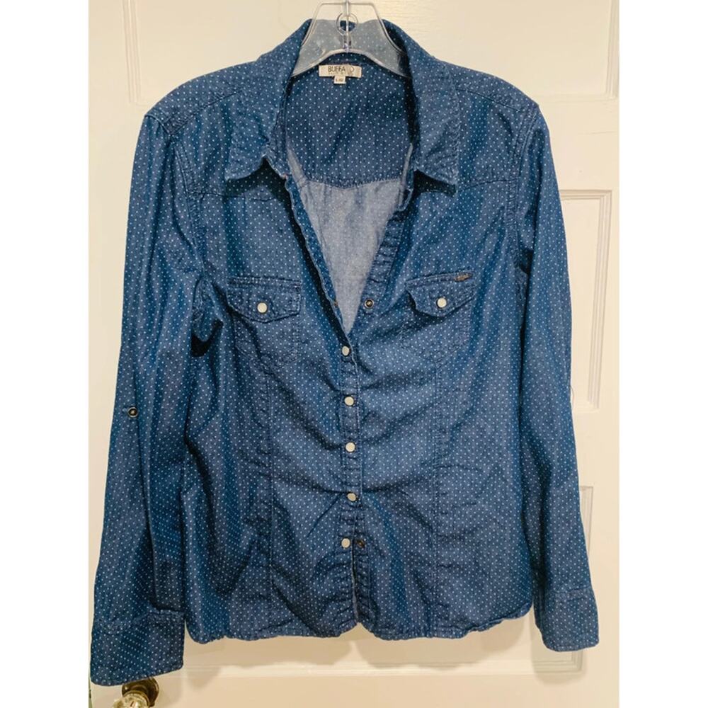 Buffalo David Bitton Blue Polka Dot Chambray Button-Down Shirt Women's Large